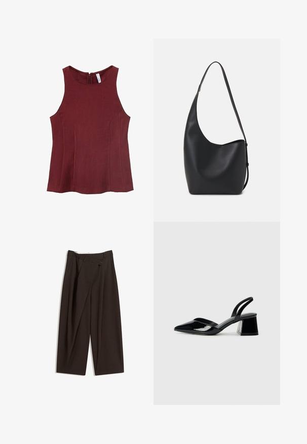 Burgundy sleeveless top with a high neckline, smooth texture, and a back zipper detail. No patterns; features tailored sides.; Dark brown wide-leg trousers with a high waist, featuring a single button closure and a pleated front. Made from lightweight fabric.; Black patent leather slingback heels with a pointed toe and a geometric block heel. Features a sleek, minimal design and smooth texture.; Black leather hobo bag with a smooth texture, curved shape, and single adjustable strap; features a wide opening at the top.