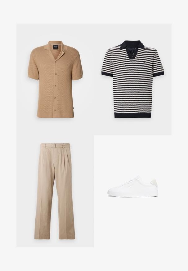 Beige gebreide cardigan met korte mouwen, textuurpatroon, knopenfront, kraag en zwart "BOSS" label binnen in de hals.; Gestreepte polo in navy en crème met korte mouwen, voorzien van een V-hals, geribbelde kraag en logo-detail op de borst. Getextureerde gebreide stof.; Beige, brede broek gemaakt van een gladde katoenmix, met voorplooien, een gestikt tailleband en een riem met metalen gesp.; Witte sneaker met een glad leren bovenwerk, ronde neus, platte zool en een minimalistisch ontwerp. Voorzien van subtiele branding en een beige accent op de hak.