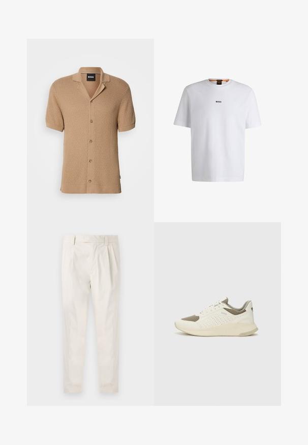 Bež lühikeste varrukatega kootud kardigan, millel on tekstuuriline muster, kinnitamiseks nupud, krae ja must "BOSS" silt kaela sees.; Valge puuvillane T-särk lühikeste varrukatega, millel on must "BOSS" logo, mis on keskendatud rinnale, ja ümmargune kaelaava disain.; Valged volditud püksid, mis on kohandatud sobivusega, sujuva tekstuuriga, vööloopidega ja kitsenevate jalgadega. Pole nähtavaid taskuid ega mustreid.; Valge ja heledat beeži värvi spordijalats, millel on õhuke võrkmaterjal, perforatsioonidega detailid ning tekstuuriga vahetald, millel on brändi logo kannaosas.