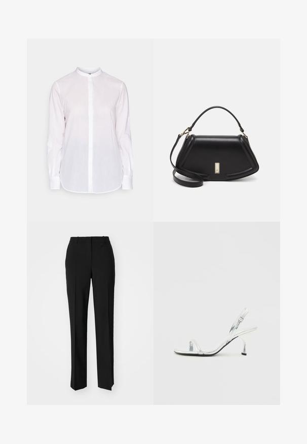 White long-sleeve shirt with a Mandarin collar, front button closure, and a slightly curved hem. Made of lightweight, textured fabric.; Black tailored trousers with a straight-leg design, featuring a smooth texture and crisp creases along the front. No visible hardware.; Silver patent leather slingback high heel sandal with a narrow toe strap, adjustable buckle, and a slender heel.; Black leather handbag with a structured design, featuring a cropped shape, top handle, and gold hardware accent. Adjustable shoulder strap included.