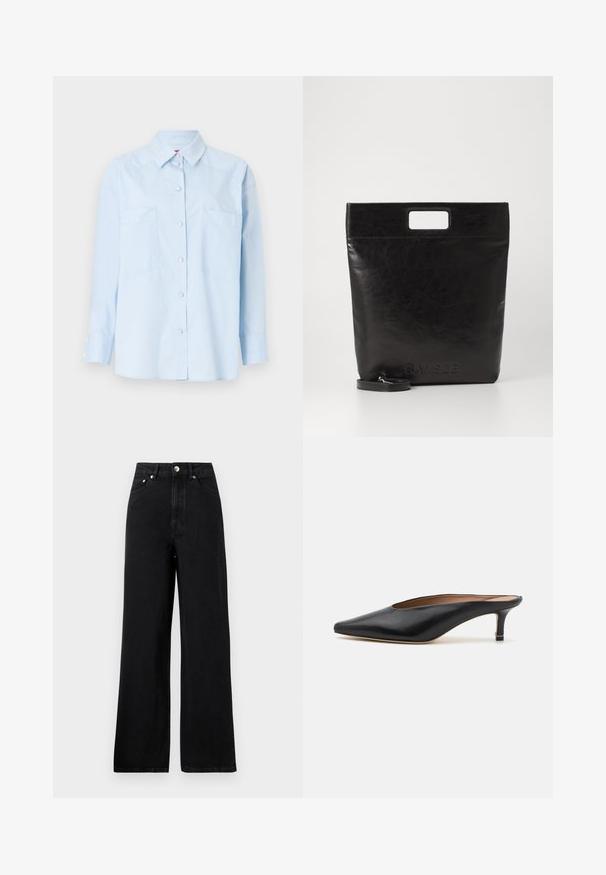 Lichtblauw overhemd met lange mouwen, twee voorzakken en een kraag. Heeft een effen textuur en knopen bij de manchetten.; Hoge taille zwarte denim jeans met een wijd uitlopende pasvorm, voorzien van vijf zakken en accenten in zilverkleurig metaal. Over het geheel een soepele textuur.; Zwarte leren muiltjes met een puntige neus en een lage, blokhak. Glad oppervlak met een gestroomlijnd ontwerp. Open achterkant met minimale details.; Zwarte leren draagtas met een vierkant handvat, met een gestructureerde afwerking en een reliëflogo. Inclusief een afneembare schouderband.