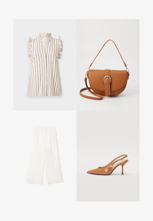 Jasno beżowa bluzka w granatowe pionowe paski, z falbaniastymi rękawami i wysokim dekoltem, z otwarciem na froncie.; Białe spodnie o szerokich nogawkach, wykonane z gładkiego materiału. Posiadają płaski pas i pionowe zaszewki dla dodatkowego szczegółu.; Sandały na obcasie z kwadratowym noskiem, wykonane z gładkiego, błyszczącego materiału w kolorze brązowym. Charakteryzują się zaokrąglonym wycięciem i smukłym obcasem typu stiletto. Detal w postaci srebrnej klamry.; Brązowa skórzana torba na ramię o zaokrąglonym kształcie, ze złotymi akcentami i zapięciem w formie klamry. Posiada odpinany pasek na ramię.
