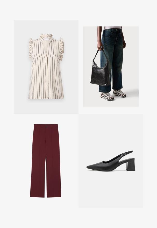 Helle beigefarbene Bluse mit marineblauen vertikalen Streifen, Rüscheärmel und hohem Ausschnitt, ausgestattet mit einer vorderen Knopfleiste.; Bordeauxfarbene Hose mit weitem Bein, ausgestattet mit einem Knopfverschluss, zwei seitlichen Taschen und Falten auf der Vorderseite. Glatte Stoffoberfläche.; Schwarze Leder Slingback-Pumps mit spitzem Zehenbereich und klobigem Blockabsatz. Verfügt über einen verstellbaren Riemen mit einer Metall-Schnalle.; Schwarze Leder-Schultertasche mit glatter Textur und verstellbarem Riemen, kombiniert mit ausgewaschenen weit geschnittenen Jeans und sportlichen Sneakern.