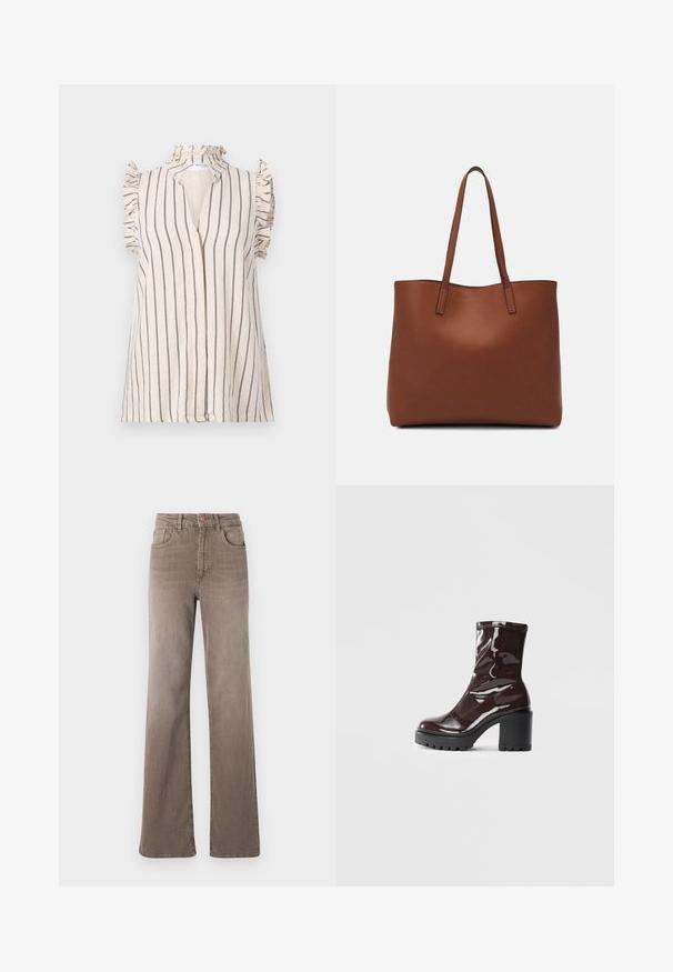 Light beige blouse with navy vertical stripes, ruffled sleeves, and a high neckline, featuring a front placket opening.; Brown high-waist straight-leg jeans with front button, belt loops, and classic five-pocket design on a white background.; Glossy burgundy ankle boot with a chunky black heel, featuring a smooth texture and simple design. No visible fastenings or patterns.; Brown leather tote bag with a smooth texture, open top design, and two shoulder straps. Features minimal stitching and no visible hardware.