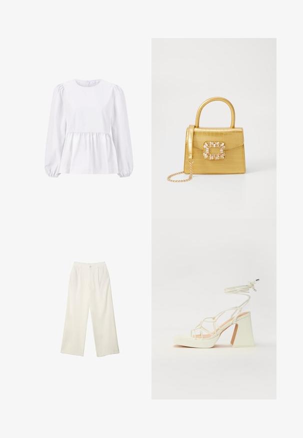 Weiße Bluse mit Rundhalsausschnitt, gepufften langen Ärmeln und gerafftem Peplum-Taille. Aus glattem Stoff ohne Muster oder Verzierungen gefertigt.; Helle Stoffhose mit weitem Bein und glatter Textur, ausgestattet mit einem einzelnen Knopf vorne, dezenten Falten und einem Hochbund-Design.; Weiße High-Heel-Sandale mit einem klobigen Absatz, die über ein Riemchendesign und ein Knöchelband verfügt. Glatte Textur mit einer Plattform vorne für zusätzliche Höhe.; Gelbe Kunstleder-Handtasche im Krokodil-Look mit strukturiertem Design, Obergriff, abnehmbarem Kettenriemen und dekorativer Kristallverzierung am Verschluss.