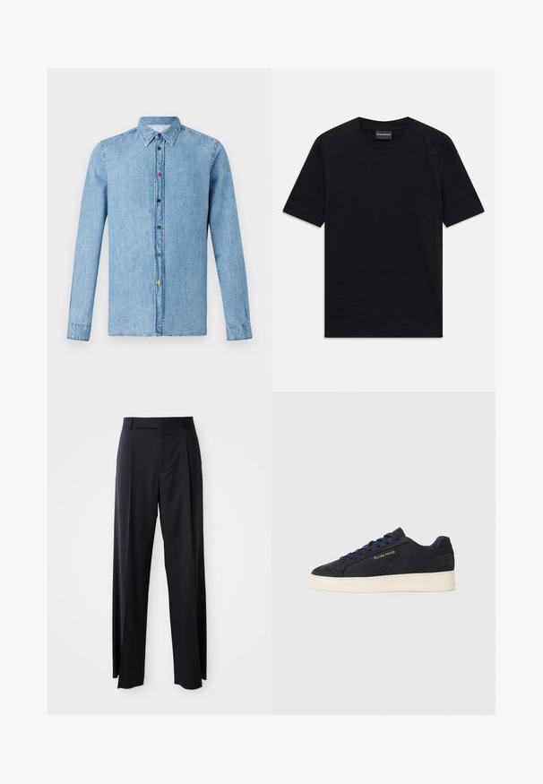 Jasnoniebieska koszula dżinsowa z długimi rękawami, spiczastym kołnierzykiem i wielokolorowymi guzikami z przodu. Gładka faktura i swobodny design.; Czarna krótko rękawowa koszulka z okrągłym dekoltem, z delikatnym wytłoczonym wzorem i metką marki wewnątrz kołnierza, ułożona na płasko na białym tle.; Czarne, wysokie spodnie o szerokim kroju, wykonane z gładkiego materiału. Posiadają zakładki z przodu i paski na pasek. Minimalistyczny design, bez widocznych elementów metalowych.; Granatowe zamszowe sneakersy niskie z białą podeszwą, granatowymi sznurówkami i logo "Filling Pieces" w złotym kolorze na boku.