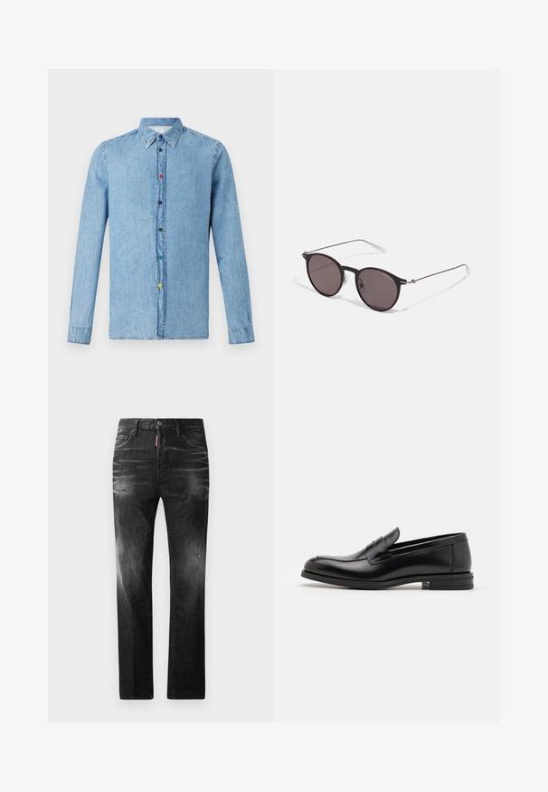 Camisa de ganga azul clara com mangas longas, colarinho pontudo e botões multicoloridos à frente. Textura suave com um design casual.; Jeans de denim preto com um corte reto. Apresentam áreas desbotadas, ligeira degradação, design clássico de cinco bolsos e um fecho de botão.; Mocassins de couro preto com uma textura suave, bico arredondado e uma faixa decorativa sobre o peito do pé. Salto baixo e empilhado, design minimalista.; Óculos de sol redondos pretos com lentes escuras e hastes metálicas finas. Inclui pontas de templo transparentes e detalhes em prata na dobradiça. Design minimalista.