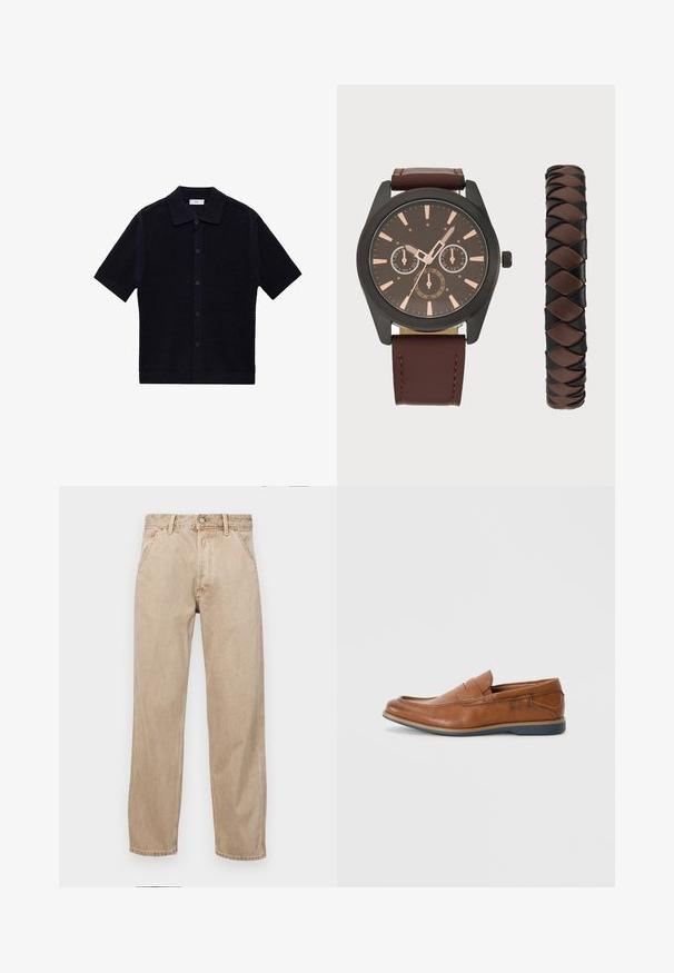 Granatowy, krótko rękawowy sweter warkoczowy z teksturowanym wzorem, z kołnierzykowym dekoltem i zapięciem na guziki z przodu. Akcentowany ciemnymi guzikami.; Beżowe dżinsy o prostym kroju, z przednimi kieszeniami, metalowym zapięciem na guzik i delikatną teksturą.; Brązowe skórzane mokasyny z okrągłym noskiem, przeszyciami i niską gumową podeszwą. Projekt posiada pasek na górnej części.; Pier One - Zegarek