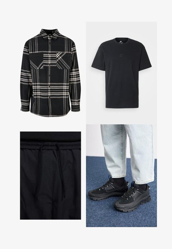 Črno-bela karirana flanelasta srajca s ovratnikom, sprednjim gumbom in dvema sprednjima žepoma. Ima diagonalne vzorce in teksturirano tkanino.; Nike črna bombažna majica z klasičnim okroglim izrezom, kratkimi rokavi in subtilnim, vtisnjenim logotipom na prsih. Gladka tekstura.; Črne kratke hlače z vrvico v pasu, lahkotna tkanina z gladko teksturo in preprosto zasnovo brez vidnih logotipov ali vzorcev.; Črne športne čevlje z teksturirano tkanino in gumijastimi podplati, ki imajo elastične vezalke ter modre poudarke na peti. Nosi se z lahkimi denim hlačami.