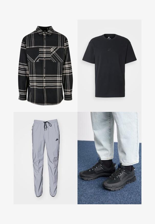 Zwart-wit geruite flanellen shirt met een kraag, knopen aan de voorkant en twee voorzakken. Heeft diagonale patronen en een gestructureerde stof.; Zwarte katoenen t-shirt van Nike met een klassieke ronde hals, korte mouwen en een subtiele, reliëflogo op de borst. Gladde textuur.; Lichtgrijze sweatpants van glad, lichtgewicht materiaal met zwarte accenten. Voorzien van een elastische tailleband met trekkoord en zijzakken.; Zwarte sportschoenen met gestructureerde stof en rubberen zolen, met elastische veters en een blauwe accent op de hiel. Draag samen met lichte spijkerbroeken.