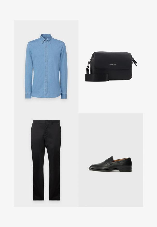 Helles blaues Jeanshemd mit langen Ärmeln, Button-Down-Kragen und Frontknopfschluss. Verfügt über ein dezentes gesticktes Logo auf der Brust.; Schwarze Baumwollhosen mit geradem Bein, ausgestattet mit einem vorderen Knopfverschluss und seitlichen Taschen, glatte Textur, keine sichtbaren Muster.; Schwarze Leder-Slipper mit runder Zehenform, dezenten gestickten Details und niedrigem Absatz, ausgestattet mit glatter Textur und minimalistischem Design.; Schwarze Leder-Crossbody-Tasche mit genarbter Oberfläche, Klappenverschluss, silbernem Logo und verstellbarem Riemen. Kompakte rechteckige Form.