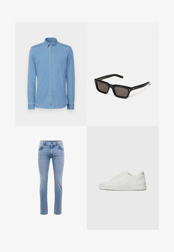 Lyseblå denimskjorte med lange ærmer, knap-om hals og frontknaplukning. Har et subtilt broderet logo på brystet.; Lysblå denim jeans med en slim fit, fem lommer og et lige ben design. Har en lynlås og bæltestropper. Blød tekstur.; Hvide lædersneakers med en glat overflade, rund tå, flade snørebånd og en tekstureret sål. Har et diskret logo på hælen.; Sorte rektangulære solbriller med mørke glas, tyk plastisk ramme, guldtryk på stængerne og brandlogo indgraveret på armen.