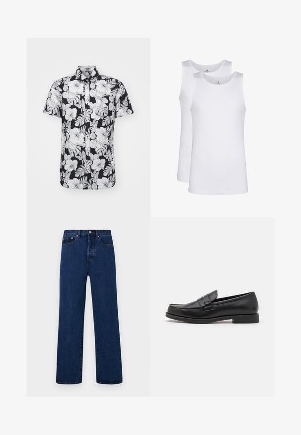 Koszula krótki rękaw z czarnym tle, z odważnymi białymi wzorami kwiatowymi i liściastymi, z kołnierzykiem i prostym dołem.; Białe bawełniane topy na ramiączkach, bez rękawów, okrągły dekolt, gładka faktura, wykonane z miękkiej, lekkiej tkaniny. Wyeksponowane dwa egzemplarze.; Granatowe dżinsy z prostą nogawką, z pomarańczowymi stębnowaniami, zapinane na guziki oraz z dwiema przednimi kieszeniami z kontrastującymi nitami.; Czarne skórzane mokasyny o eleganckim fasonie, z okrągłym noskiem, przeszyciami oraz niskim obcasem w kształcie bloku. Gładka faktura i minimalne akcenty.