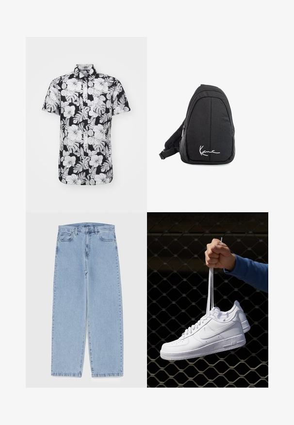Kortermet skjorte med svart bakgrunn og dristige hvite blomster- og bladmønstre, krage og rett falm.; Lyseblå denimjeans med rett ben-design, med mid-rise liv, fem lommer og knap og lynlås lukning.; Hvite skinnsneakers med perforeringer, rund tå, flat såle og tykke lisser, med en synlig swoosh-logo og "AIR" på hælen.; Svart tekstil sling ryggsekk med en jevn tekstur, med en buet design, glidelåsrom, og en hvit logo på forsiden.