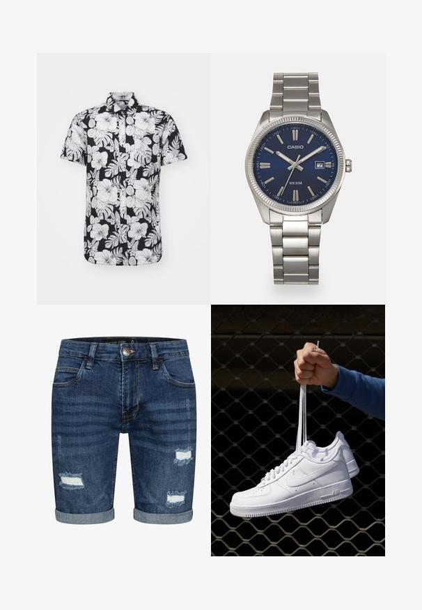 Short-sleeve shirt featuring a black background with bold white floral and leaf patterns, collared design, and a straight hem.; Dark blue denim shorts with cuffed hems, featuring distressed details with frayed edges on the front. Five-pocket design with a button closure.; White leather sneakers with perforations, round toe, flat sole, and thick laces, featuring a visible swoosh logo and "AIR" on the heel.; Silver stainless steel wristwatch with a navy blue dial, metallic hour markers, and a date window at 3 o'clock. Water-resistant to 50 meters.