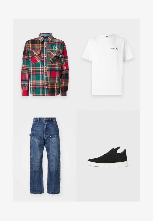 Billionaire Boys Club PATCHWORK CHECK SHIRT - Camicia - multi coloured; T-shirt bianca in cotone con collo rotondo, caratterizzata da una piccola scritta grafica nera "LA VEDDITA" sulla parte sinistra del petto.; Pantaloni cargo in denim blu scuro con vestibilità rilassata, dotati di numerose tasche frontali, cuciture a vista e design a gamba dritta.; Sneaker in suede nero con suola in gomma bianca, caratterizzato da cuciture tonali e design con lacci. Texture liscia con una forma moderna e aerodinamica.