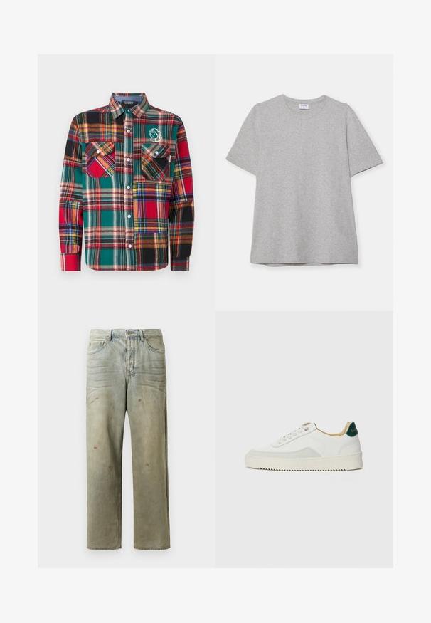 Billionaire Boys Club PATCHWORK CHECK SHIRT - Hemd - multi coloured; Graues T-Shirt mit kurzen Ärmeln aus weichem, strukturiertem Stoff. Verfügt über einen klassischen Rundhalsausschnitt und einen geraden Saum, geeignet für legere Trageanlässe.; Distressed Denim-Jeans in Hellgrün, mit geradem Bein, Fünf-Taschen-Design und ungleichmäßiger Ausbleichung sowie Farbspritzern.; Weiße Sneaker mit Wildlederelementen, runder Zehenpartie, flachen Schnürsenkeln und einer cremefarbenen Gummisohle. Mit grünen Markenlogo am Fersenbereich.