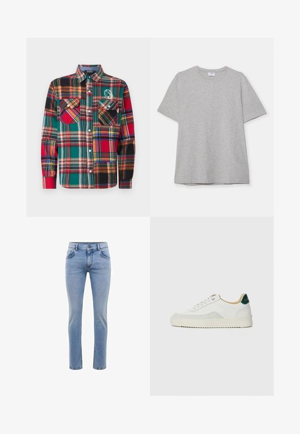 Billionaire Boys Club PATCHWORK CHECK SHIRT - Skjorte - multi coloured; Grå kortermet T-skjorte laget av myk, teksturert stoff. Har en klassisk rund hals og en rett kant, passende for uformell bruk.; Lyseblå denimjeans med slim fit, fem lommer og rett bendesign. Har glidelås og beltehemper. Myk tekstur.; Hvit sneakers med semsket detaljer, rund tå, flate snøringer og en kremfarget gummisåle. Har grønn merking på hælen.