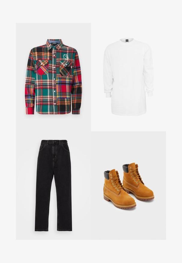 Billionaire Boys Club PATCHWORK CHECK SHIRT - Košile - multi coloured; Dlouhý rukáv bílý bavlněný tričko s kulatým výstřihem, volný střih a žebrované manžety. Jednoduchý design, bez grafiky nebo vzorů.; Černé džíny z denimu s rovným střihem, vybavené pěti kapsami, zapínáním na knoflík a zip a kontrastním žlutým prošíváním.; Kožené pracovní boty v odstínu tan s černým polstrovaným okrajem, zlatými očky a hnědými gumovými podešvemi. Mají kontrastní prošívání a logo na boku.