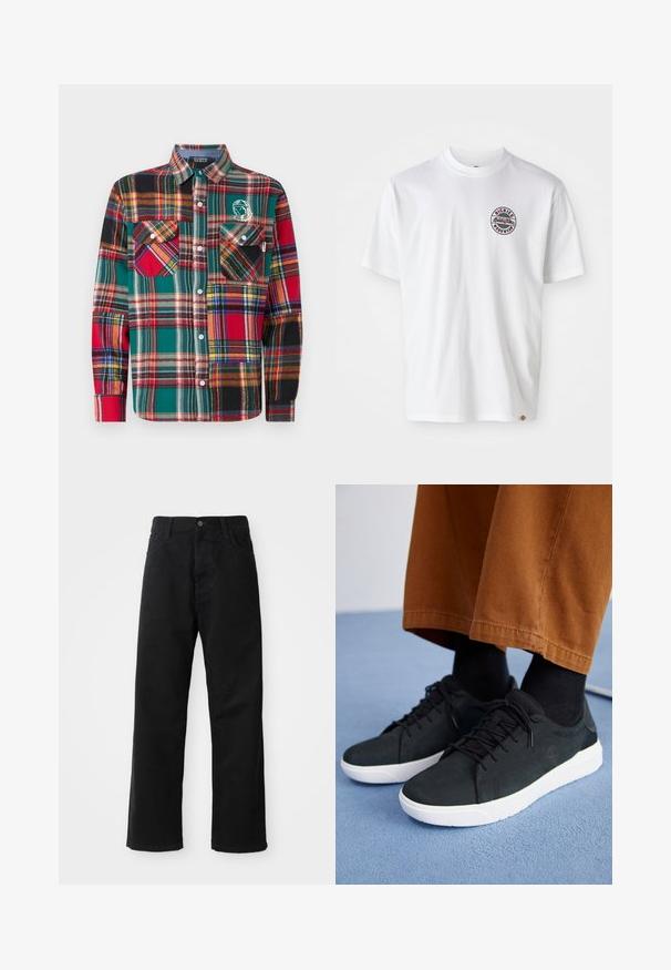 Billionaire Boys Club PATCHWORK CHECK SHIRT - Camisa - multi coloured; Camiseta de algodón blanca con un logo redondo en el pecho. Cuello redondo, mangas cortas, corte relajado, con acentos en rojo y negro.; Pantalones de mezclilla negros con corte recto, con bolsillos frontales, cremallera y un solo botón en la parte superior. Tejido texturizado con un acabado mate.; Zapatillas de ante negro con suelas de goma blanca, que presentan un diseño con cordones, acentos texturizados y una marca sutil, combinadas con pantalones marrones.