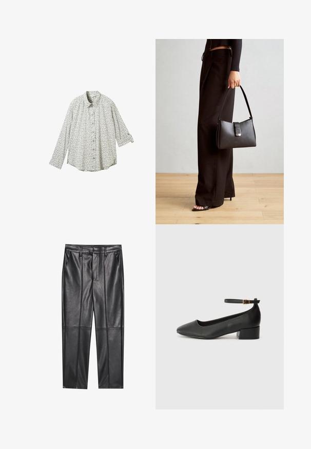 Langärmliges Hemd in Hellgrau mit geometrischem Muster. Weicher Stoff mit lockerem Schnitt und hochgeschlagenen Ärmeln. Blaue Knöpfe zum Schließen.; Schwarze Lederhosen mit glatter Textur, gerader Passform, zwei Fronttaschen und sichtbaren Nahtdetails.; Schwarze Lederpumps mit spitzem Zehenbereich und niedrigem Blockabsatz. Mit einem Knöchelriemen und einer goldfarbenen Schnalle. Glatte Textur.; Schwarze Handtasche mit strukturierter Form, glatter Textur und einem metallischen Verschluss. Kombiniert mit weiten schwarzen Hosen und offenen Sandalen auf einem Holzboden.