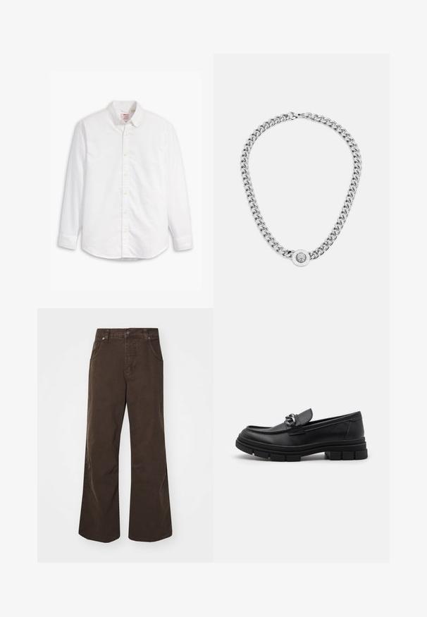 Camicia bianca a maniche lunghe in cotone. Presenta un colletto classico, chiusura con bottoni e una leggera texture con un logo discreto sul petto.; Pantaloni larghi marroni realizzati in cotone, caratterizzati da un alto punto vita, tasche frontali e una superficie liscia. Le finiture comprendono dettagli di cucitura discreti.; Mocassino in pelle nera con punta arrotondata, una fascia decorativa e accessori in metallo, e una suola spessa e testurizzata. Finitura liscia con dettagli sottili.; Collana in argento con maglie spesse e un pendente circolare centrale caratterizzato da dettagli intricati. Superficie metallica liscia e riflettente.