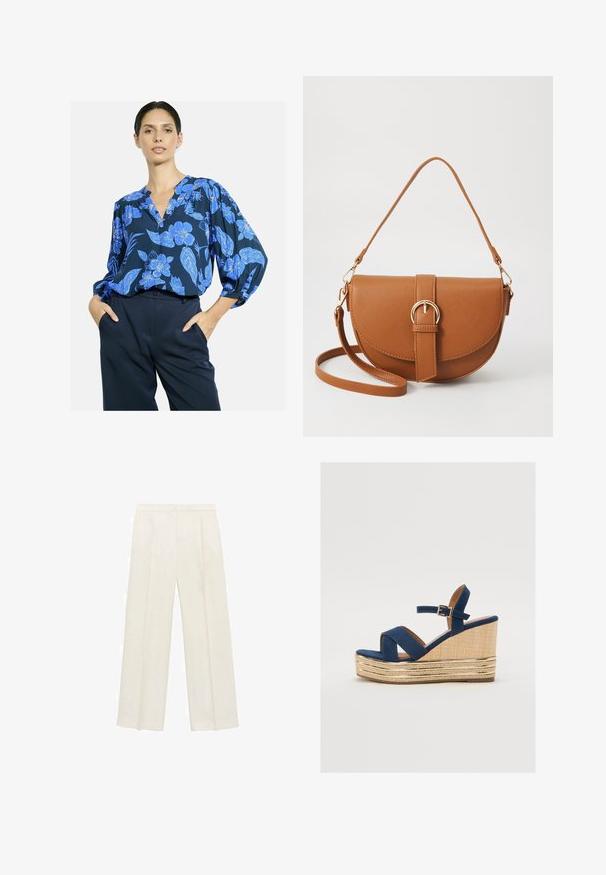 Navy blouse with blue floral print, v-neckline, and billowy sleeves; paired with high-waisted dark trousers. Smooth fabric texture.; Wide-legged trousers in a light cream color. Made from a smooth fabric with pleats at the front and side pockets.; Navy blue wedge sandal with crossed straps, a textured natural fiber platform, and a gold metallic accent on the base.; Brown leather crossbody bag with a curved shape, gold hardware, and a buckle accent. Features a detachable shoulder strap.
