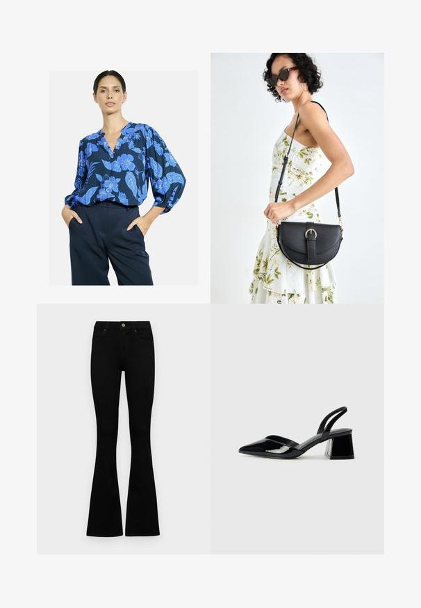 Navy blouse with blue floral print, v-neckline, and billowy sleeves; paired with high-waisted dark trousers. Smooth fabric texture.; Black high-waist jeans with a button and zip closure, front pockets, and flared legs laid flat on a white background.; Black patent leather slingback heels with a pointed toe and a geometric block heel. Features a sleek, minimal design and smooth texture.; Black leather handbag with a curved shape, detachable strap, and gold hardware. The bag features a flap with a buckle detail.