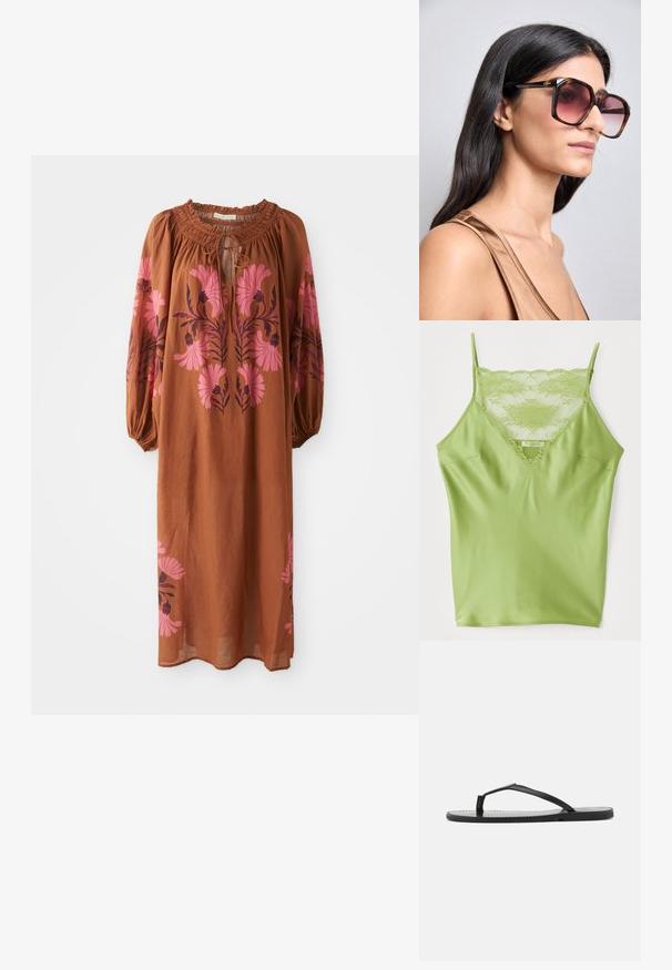 Camisole verte avec une bordure en dentelle au niveau du col, des bretelles spaghetti réglables et une finition satinée lisse.; Robe marron fluide à manches longues. Présente un col froncé avec fermeture à lien et broderies florales roses de chaque côté.; Tongs noires au design minimaliste, avec des sangles fines et une semelle plate. Le matériau semble être du plastique avec une texture lisse.; Lunettes de soleil larges et carrées avec une monture en écaille de tortue brune et des verres rose dégradé. Comprend un accent logo en or sur la branche.