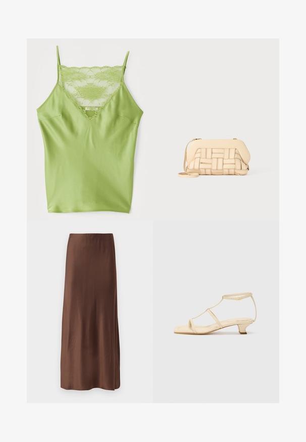 Green camisole featuring a lace trim at the neckline, adjustable spaghetti straps, and a smooth satin finish.; Brown satin midi skirt with a smooth texture, featuring a straight cut and no visible patterns or embellishments. Simple and elegant design.; Beige heeled sandals with a T-strap design, square toe, adjustable ankle strap, and a low, block heel. Smooth leather material.; Woven beige handbag with a structured design, featuring a smooth top and a long strap. Textured detailing enhances the overall appearance.