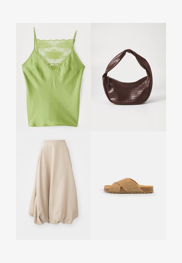 Grüne Spaghetti-Top mit Spitzenbesatz am Ausschnitt, verstellbaren Trägern und einem glatten Satin-Finish.; Beige Ballonrock aus weichem Stoff. Mit hoher Taille und voluminösem Design, das am Saum eine geraffte Textur aufweist.; Schwarzleder-Crossover-Sandale in Hellbraun mit einem korkummantelten Fußbett und rutschfester Gummisohle, mit flacher Form und breiter Passform.; Braune geflochtene Lederhandtasche mit einem geschwungenen, geknoteten Griff und einem Reißverschluss. Glatte Textur und runde Form.