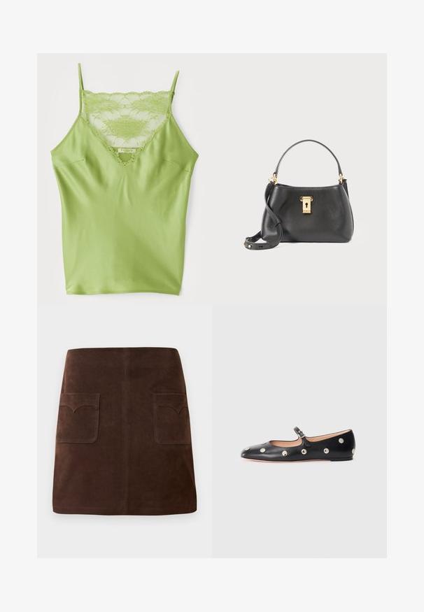 Grön cami med spetsdekoration vid halsringningen, justerbara spagettistroppar och en slät satinfinish.; Brun mockakjol med en klassisk A-linjeform, två framfickor med rundade klaffar och subtila sömdetaljer.; Svart läder Mary Jane lägenhetssko med rund tå, prydd med silverfärgade cirkulära nitar och ett justerbart band med spänne.; Svart läderhandväska med en texturerad yta, prydd med ett gyllene lås, kort handtag och en avtagbar axelrem.