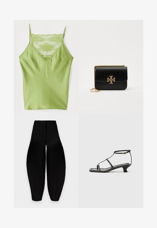 Camisole verte avec une bordure en dentelle au niveau du col, des bretelles spaghetti réglables et une finition satinée lisse.; Pantalons larges noirs à taille haute, avec un devant plissé et des chevilles fuselées. Fabriqués dans un tissu lisse avec une finition mate.; Sandale en cuir noir avec un bout carré, des fines lanières, une bride de cheville ajustable et un petit talon. Présente un petit accent doré sur la lanière.; Sac à main en cuir noir avec une chaîne dorée et un accent logo. À forme rectangulaire avec un rabat. Texture lisse.