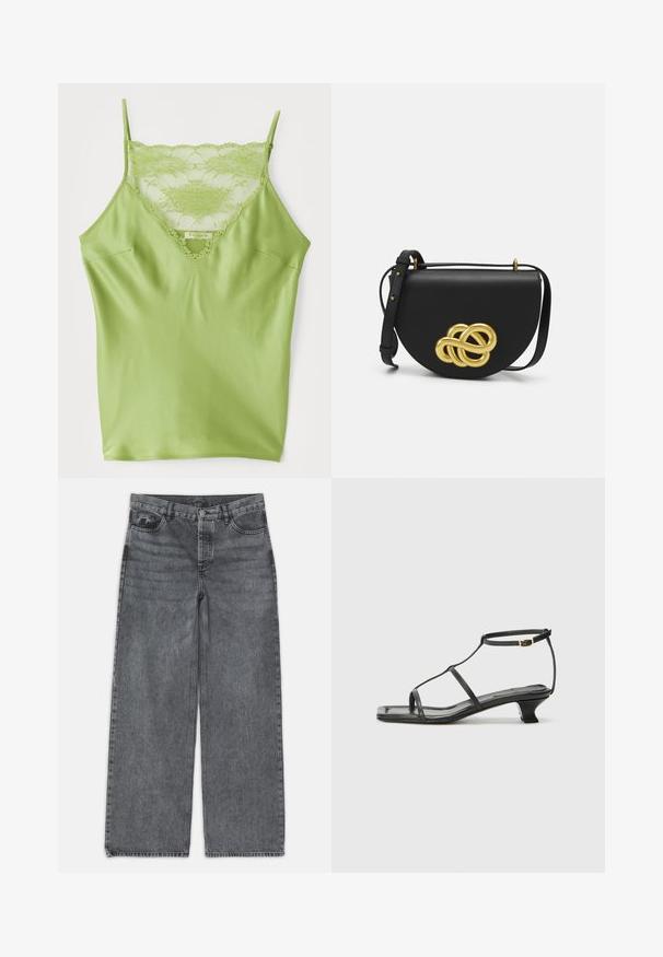 Camisola verde con bordatura in pizzo sul collo, spalline sottili regolabili e una finitura satinata liscia.; Jeans a gamba larga in denim grigio scuro. Presentano una vita alta, design a cinque tasche e chiusura anteriore con bottone. Texture liscia con un leggero sbiadimento.; Sandalo in pelle nera con punta quadrata, cinturini sottili, cinturino alla caviglia regolabile e tacco basso. Presenta un piccolo accento dorato sul cinturino.; Borsa a mano in pelle nera dalla forma rotonda, con un grande nodo decorativo dorato sulla parte anteriore e una tracolla regolabile.