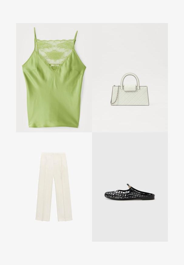 Grüne Spaghetti-Top mit Spitzenbesatz am Ausschnitt, verstellbaren Trägern und einem glatten Satin-Finish.; Weit geschnittene Hosen in einem hellen cremefarbenen Farbton. Hergestellt aus einem glatten Stoff mit Falten an der Vorderseite und seitlichen Taschen.; Tory Burch MELLOW MARY JANE - Pantolette flach - perfect black/gold; Gestepptes weißes Handtasche mit strukturiertem Design, einem oberen Griff, abnehmbaren Kettenriemen und einem erhabenen Logo auf dem Verschluss.