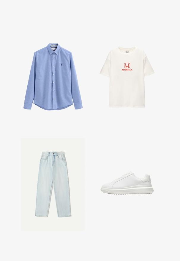 Lyseblå skjorte med lange ærmer, spredt krave og et lille navy hummeremblem på venstre bryst. Glat stof, skræddersyet pasform.; Hvid bomulds t-shirt med kortærmer. Har et rødt "HONDA" logo over et rektangulært emblem i midten. Enkel, klassisk design.; Lys blå denim jeans med en afslappet pasform, lige ben design, fem-lomme stil og subtil falmning på stoffet.; Hvid sneaker med en glat syntetisk overdel, rund tå, flade snørebånd, struktureret sål og et lagdelt platformsdesign for ekstra højde.