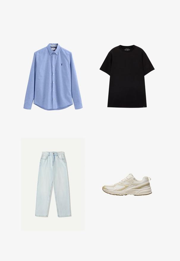 Camicia button-up azzurro chiaro con maniche lunghe, collo a punta e piccolo emblema di astice navy sul lato sinistro del petto. Tessuto liscio, vestibilità sartoriale.; PULL&BEAR JOIN LIFE - T-shirt basic - black; Jeans in denim azzurro chiaro con una vestibilità comoda, design a gamba dritta, stile a cinque tasche e leggere sfumature sul tessuto.; Scarpe sportive bianche realizzate in mesh e materiale sintetico, con punta rotonda, suola ammortizzata e accenti beige sui lati.