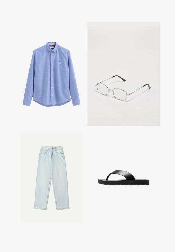 Világoskék, hosszú ujjú, gombos ing, széles gallérral és egy kis sötétkék homár emblémával a bal mellen. Simaszövet, testhezálló szabás.; Világoskék farmernadrág, laza szabással, egyenes szárú kialakítással, öt zsebes stílussal és finom elhalványulással az anyagon.; Fekete, lapos talpú papucs, sima anyagból készült. Minimalista dizájn jellemzi, egyetlen pánttal és strukturált alsó résszel.; Fém szemüveg, ovális kerettel, ezüst keretekkel és tiszta lencsékkel. Hosszú, egyenes szárak fekete végzettel, minimális dizájn.