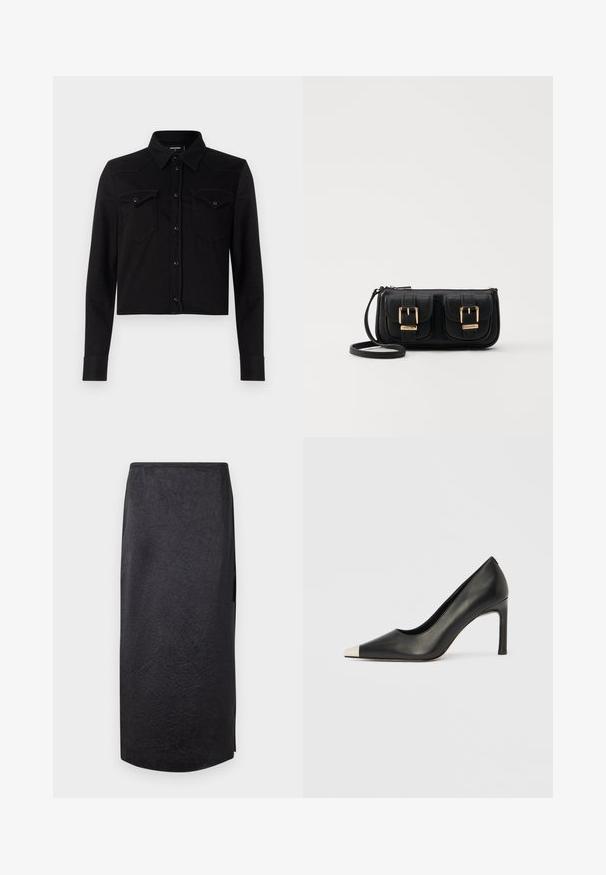 Čierna skrátená denimová košeľa s dlhými rukávmi, špicatým golierom, predným zapínaním na cvoky a dvoma vreckami na hrudi. Obsahuje kontrastné švy.; Čierna midi sukňa s vrúbkovanou textúrou, rovný strih a bočný rozparok. Materiál vyzerá ľahký. Spodný okraj je mierne zakrivený.; Čierna kožená lodička s vysokým opätkom, špičkou a kovovou striebornou špičkou. Má hladký povrch a štíhly 10 cm opätok.; Čierna kožená crossbody taška s dvoma prednými vreckami, zlatými sponami, zipsovým uzatváraním a úzkym popruhom. Štruktúrovaný povrch a kompaktný obdĺžnikový tvar.