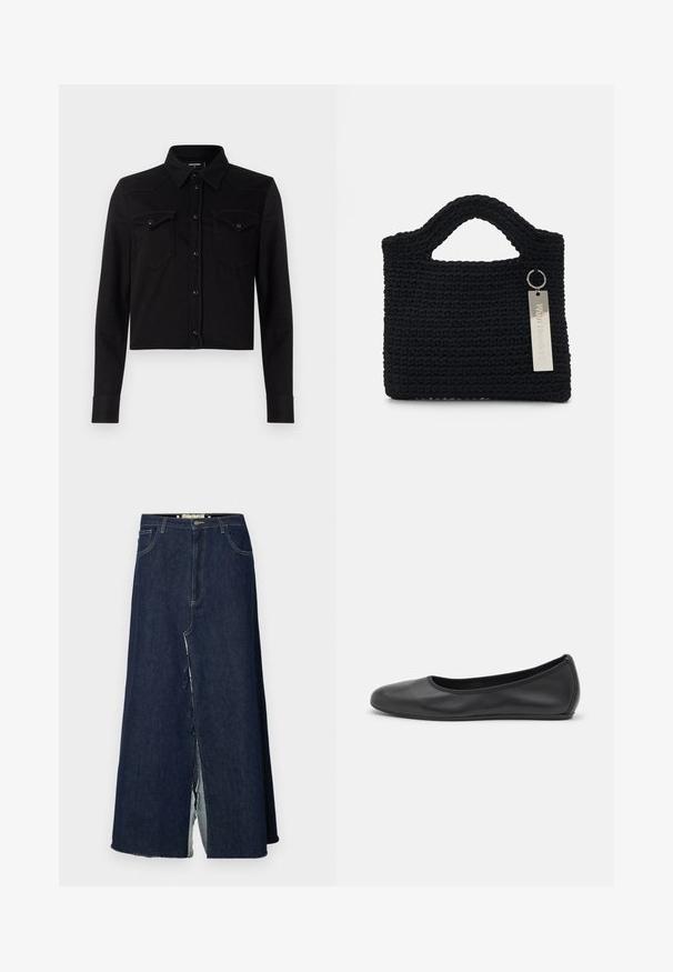 Camicia in denim nera con maniche lunghe, colletto a punta, chiusura frontale con bottoni a pressione e due taschini sul petto. Presenta dettagli di cucitura a contrasto.; Gonna lunga in denim blu scuro con spacco frontale. Presenta un classico design a cinque tasche e cuciture a vista. L'orlo è sfilacciato.; Pantofole da balletto nere in pelle con punta arrotondata, texture liscia, dettagli di cucitura minimi e design con suola flessibile.; Won Hundred MARSIELLE COMPUTER BAG UNISEX - Borsa porta PC - black