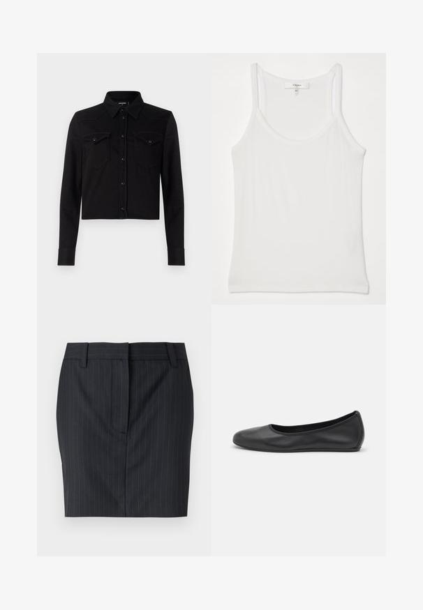 Čierna skrátená denimová košeľa s dlhými rukávmi, špicatým golierom, predným zapínaním na cvoky a dvoma vreckami na hrudi. Obsahuje kontrastné švy.; Biela bezramenná tielko vyrobené z mäkkej rebrovanej látky; má tenké ramienka a okrúhly výstrih, na štítku je nápis "FRAME."; Čierna sukňa s prúžkami, prispôsobená, s pútkami na opasok a skrytým predným zapínaním, vystavená na bielom pozadí.; Čierne kožené baleríny s okrúhlou špičkou, hladkým povrchom, minimálnym prešívaním a flexibilným dizajnom podrážky.