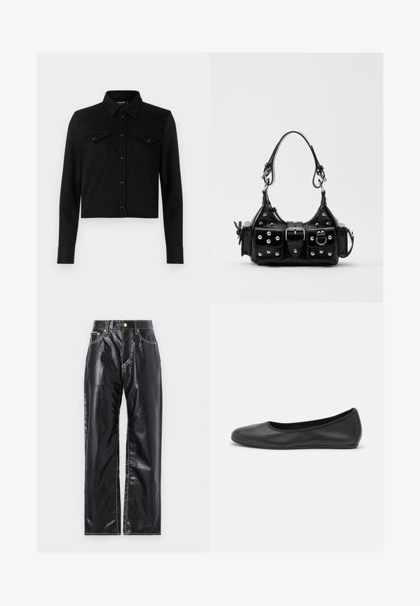 Svart kortärmad denimskjorta med lång ärm, spetskrage, knappslå framtill och två bröstfickor. Har kontrasterande sömmar.; Svarta byxor i konstläder med vid benslut, dekorativ vit sömnad, framfickor och en guldknapp i midjan.; Svart läderballerinaskor med rund tå, slät yta, minimala söm detaljer och en flexibel sula.; Svart läderhandväska med en kurvad design, prydd med silverfärgade nitar, ett spänne och två sidofickor. Justerbar rem för olika bäralternativ.