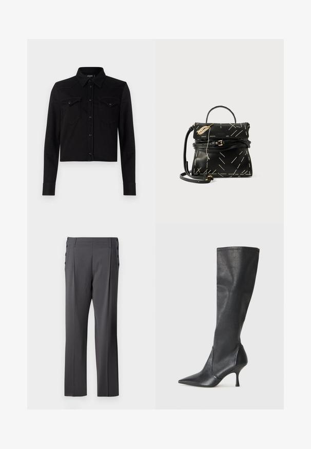 Camicia in denim nera con maniche lunghe, colletto a punta, chiusura frontale con bottoni a pressione e due taschini sul petto. Presenta dettagli di cucitura a contrasto.; Pantaloni grigi su misura con design a gamba dritta, pince frontali e bottoni laterali decorativi per un tocco di stile. Tessuto dalla trama liscia.; Stivali neri in pelle al ginocchio con punta affusolata e tacco a stiletto sottile. Texture liscia con design aderente e cuciture lungo il bordo superiore.; Borsetta in pelle nera con cucitura geometrica bianca, manico superiore e tracolla staccabile. Caratterizzata da dettagli dorati e chiusura con zip.