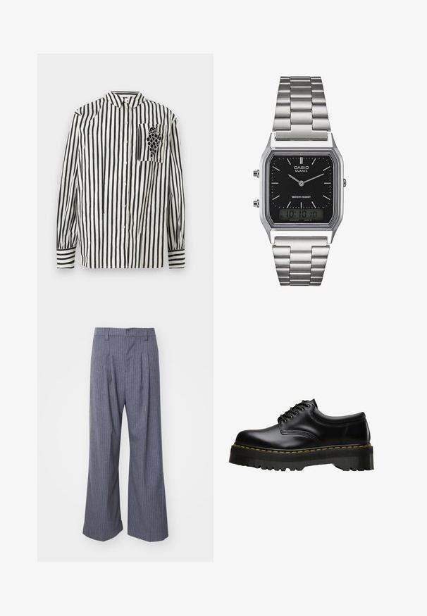 Czarna i biała koszula w paski z kołnierzykiem zapinanym na guziki, długimi rękawami oraz kieszonką z lewej strony z wzorem winogron. Materiał: bawełna.; Szare spodnie w prążki o szerokim kroju, z zakładkami z przodu i gładką fakturą. Brak widocznych elementów metalowych lub akcentów.; Czarne skórzane buty sznurowane z grubą, ząbkowaną czarną gumową podeszwą i żółtym przeszyciem wzdłuż krawędzi, charakteryzujące się gładkim wykończeniem.; Srebrny zegarek kwarcowy ze stali nierdzewnej z czarną prostokątną tarczą, wyposażony w analogowe wskazówki, wyświetlacz cyfrowy oraz oznaczenie odporności na wodę.