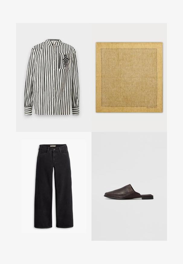 Svart-og-hvitt stripete skjorte med knapp-ned krage, lange ermer og venstre brystlomme med drue-design. Laget av bomull.; Svarte vid bukse jeans laget av denim. Har høy midje, frontlommer og glidelås med knappelukking. Jevn tekstur.; Svart slip-on mule laget av teksturert materiale med reptilmønster, med en lav, flat hæl og design med rund, åpen tå.; Beige duk og med et rutemønster av små, jevnt fordelte svarte prikker; rammet med en tynn svart kant. Glatt tekstur, rektangulær form.