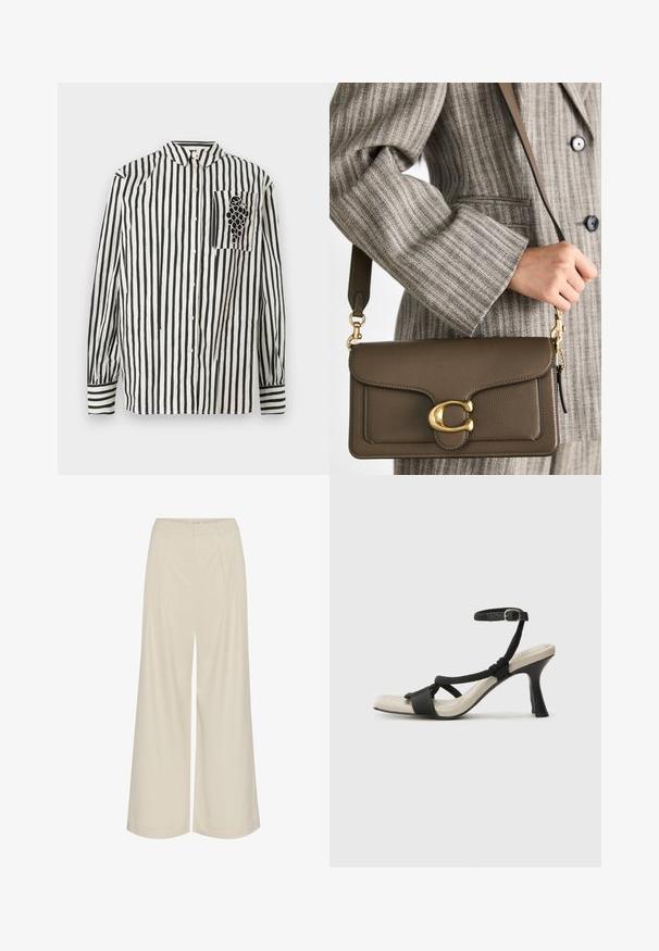 Juoda ir balta dryžuota marškiniai su pasaginiais apykaklėmis, ilgomis rankovėmis ir kairiuoju krūtiniu kišenėle, kuri turi vynuogės dizainą. Pagaminta iš medvilnės.; Platus kojų kelnes iš šviesiai smėlio spalvos audinio, su klostėmis, aukštu liemeniu ir lygia tekstūra, be matomų dekoro elementų.; Juodų aukštakulnių sandalų su pintu dirželiu dizainas, kvadratine nosimi ir reguliuojamu kulkšnies dirželiu. Šviesiai bežė padas su blizgiu juodu kulnu.; COACH TABBY SHOULDER BAG 26 - Rankinė - dark stone