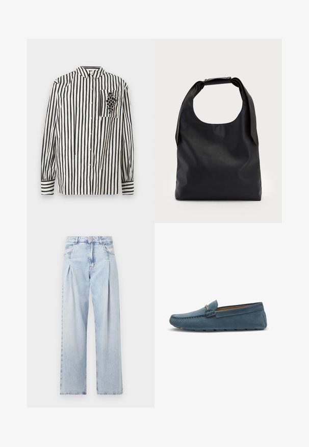 Schwarz-weiß gestreifte Hemd mit Button-Down-Kragen, langen Ärmeln und einer linken Brusttasche mit einem Traubendesign. Aus Baumwollmaterial.; Helle blaue Denim-Jeans mit hoher Taille, weitem Beinschnitt, zwei seitlichen Taschen und gefaltetem Design. Weiche Textur mit einem ausgebleichten Finish.; Blaue Wildleder-Slipper mit flacher Sohle, die an den Kanten mit einer gestickten Gestaltung versehen sind und einen dekorativen Metallelement an der Vorderseite besitzen.; Schwarze Leder-Hobo-Tasche mit einem einzelnen, weichen, abgerundeten Griff; verfügt über eine glatte Textur und ein minimalistisches Design. Keine sichtbaren Beschläge oder Akzente.