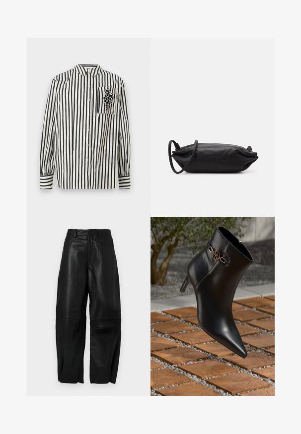 Black and white striped shirt with a button-down collar, long sleeves, and a left chest pocket featuring a grape design. Cotton material.; Black leather pants with a loose fit, featuring a straight leg design, front pockets, and visible stitching details.; Black leather ankle boot with pointed toe and small heel. Features a gold chain accent on the ankle. Surrounded by a textured stone surface.; Black leather clutch bag with a rectangular shape, smooth texture, thin shoulder strap, and minimalistic design.