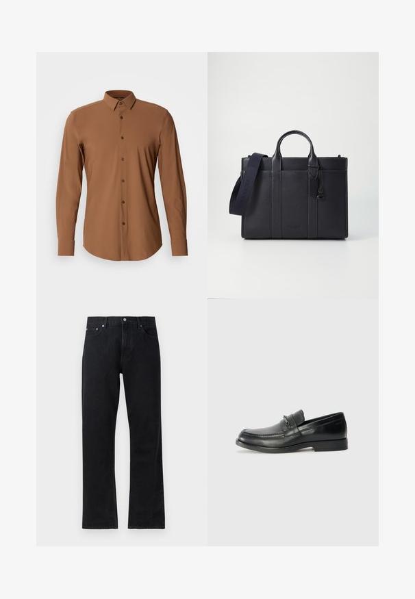 Långärmad brun skjorta med knapp-ner krage, slät textur och bruna knappar. Har en böjd nederkant och skräddarsydd passform.; Svarta denimjeans med rak bendesign, med knappstängning, femfickorsstil och subtila sömdetaljer.; Svarta läderloafers med rund tå, som har en stickad design, en liten framrem med hårdvarudetaljer och en platt gummisula.; Mörk marinblå läderportfölj med dubbla övre handtag och avtagbar rem. Utmärkt med strukturerad yta, vertikal sömnad och logotypdetalj.