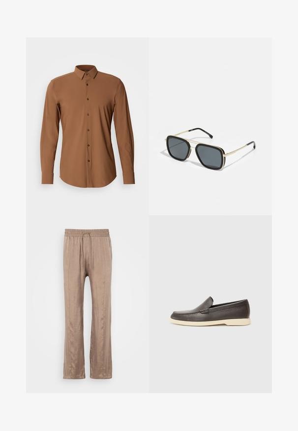 Cămașă maro cu mâneci lungi, cu guler cu butoni, textură fină și butoane maro. Prezintă un tiv curbat și o croială ajustată.; Pantaloni largi de culoare maro deschis, confecționați dintr-un material neted, având o talie elastică cu șnur și două linii de pliuri în față.; Pantofi slip-on din piele maro, cu o suprafață texturată și o talpă contrastantă de un bej deschis, având vârful rotund și detalii de cusătură minime.; Ochelari de soare negri și aurii cu formă pătrată, cadru metalic, lentile gri închise și vârful tentelor negre. Prezintă un design cu pod dublu.